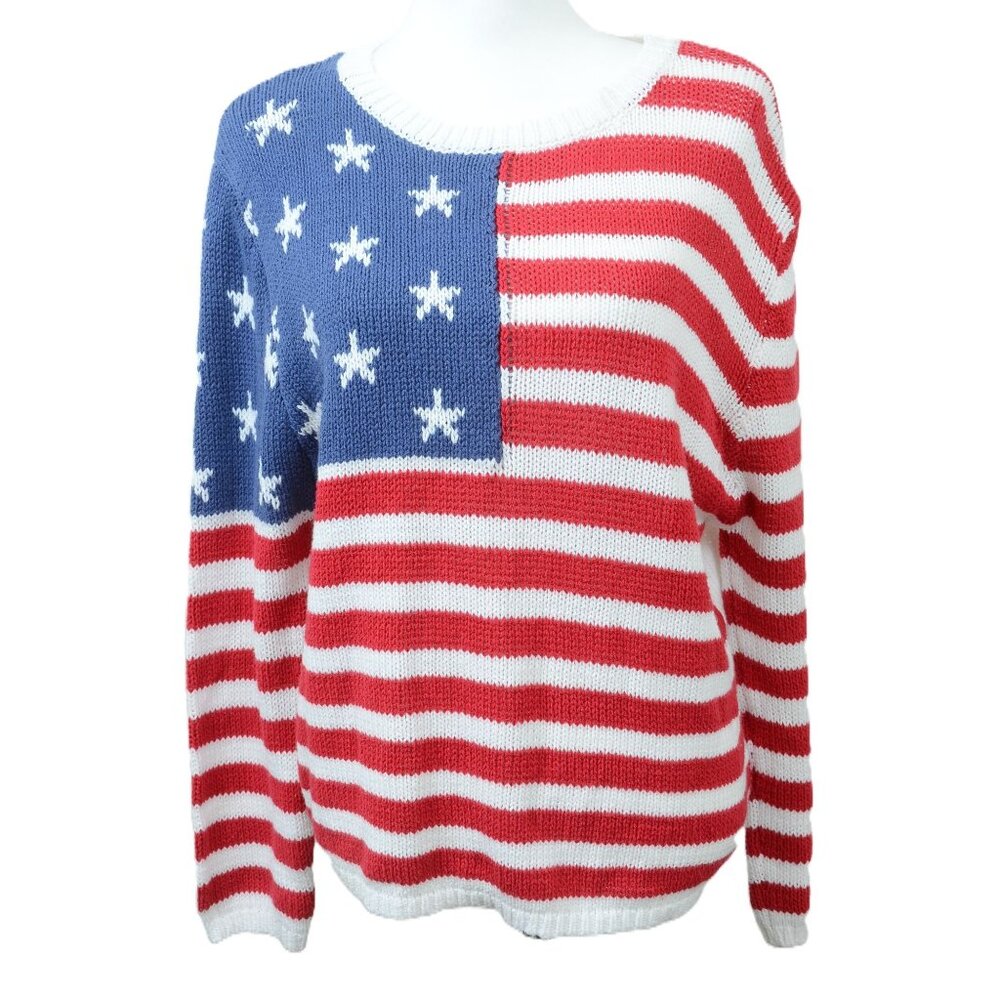 Grayson Threads Cotton Red Blue Stars Stripes American Flag Sweater Women's XL